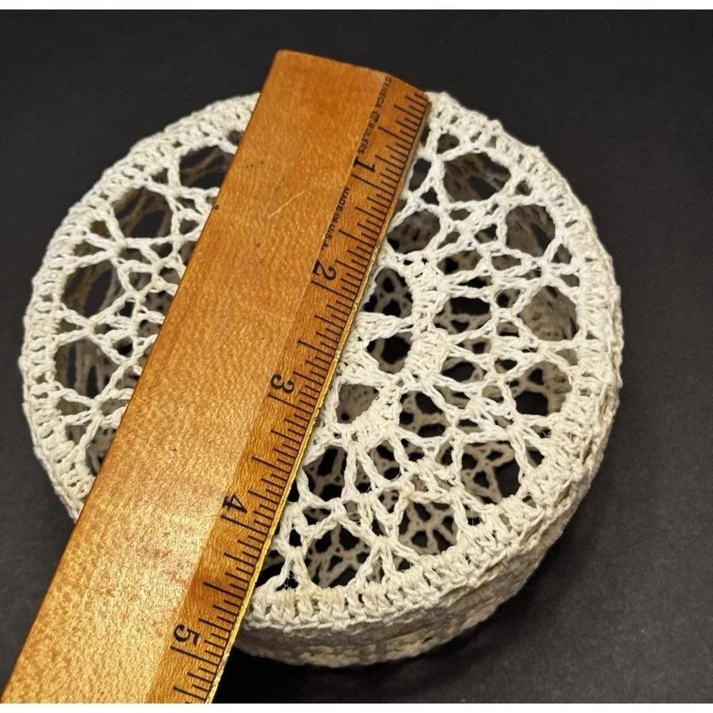 Vintage Crocheted Lidded Trinket Box Stiff Starched Cottagecore Boho Coastal